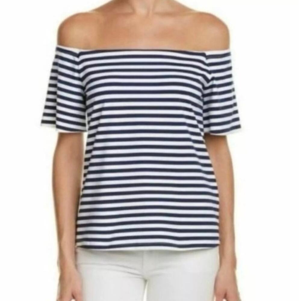 J Mclaughlin Nomi Bangle White Navy Stripe Catalina Cloth Off Shoulder Top Sz XS